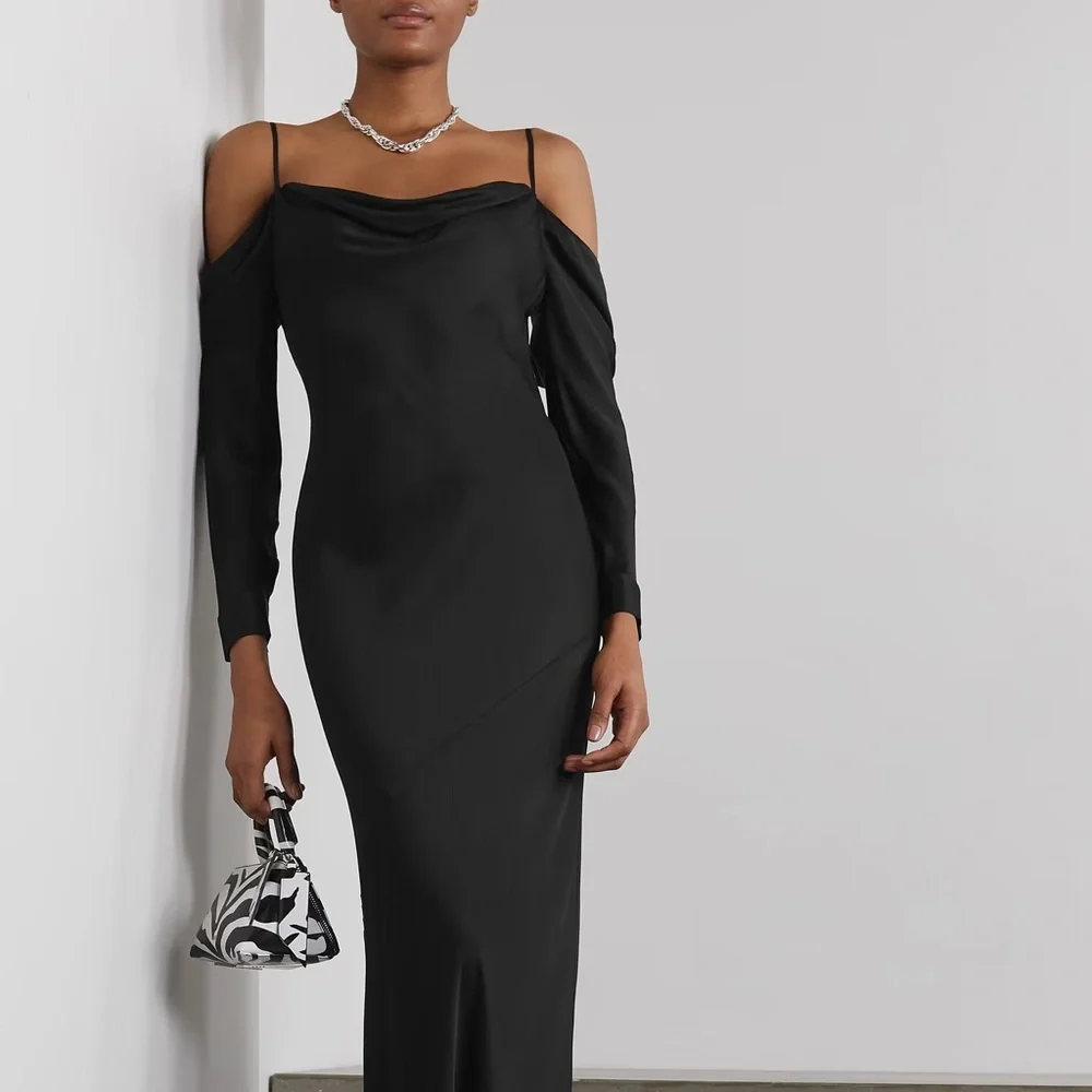 L'Agence "Juniper" Black Cold Shoulder Satin Maxi Dress Gown - US 0 / XS - Picture 3 of 8